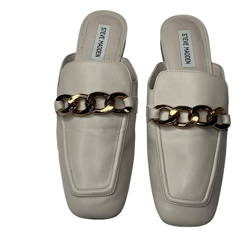 Steve Madden Genevieve-Gene Women's Cream Mules with Chain Detail Size 8.5